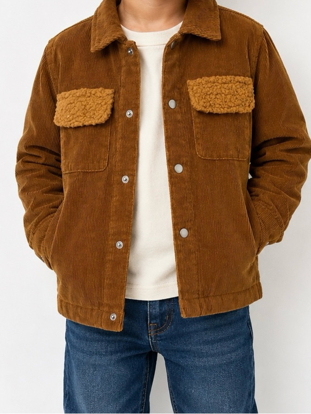 Cat & Jack Boys 4T Brown Corduroy Sherpa Pocket Snap Jacket